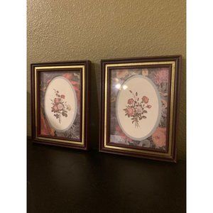Pair of Vintage Double Matted Wood Framed Botanical Floral Wall Art Prints